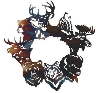 Metal wall art with animal heads including a deer, wolf, and elk arranged in a circular pattern.