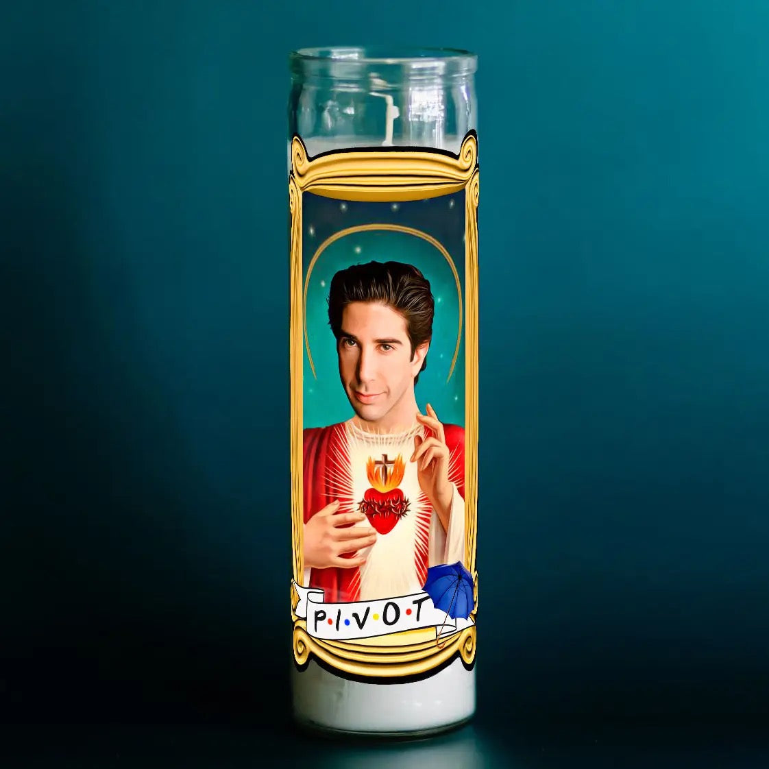 Candle with a graphic of a person holding a heart and the word 'Pivot' on a teal background