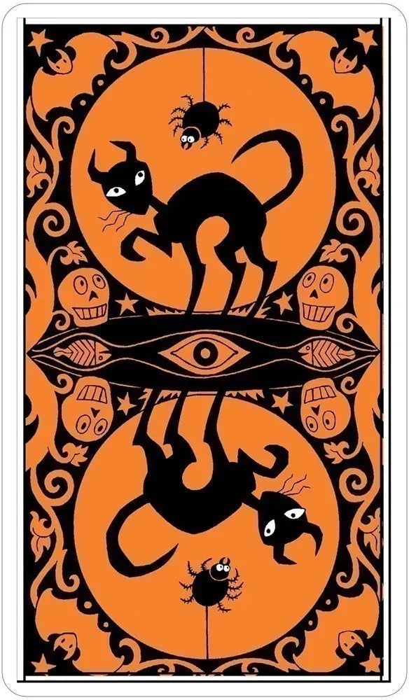 Halloween-themed design with black cats, spiders, and skulls on an orange background.