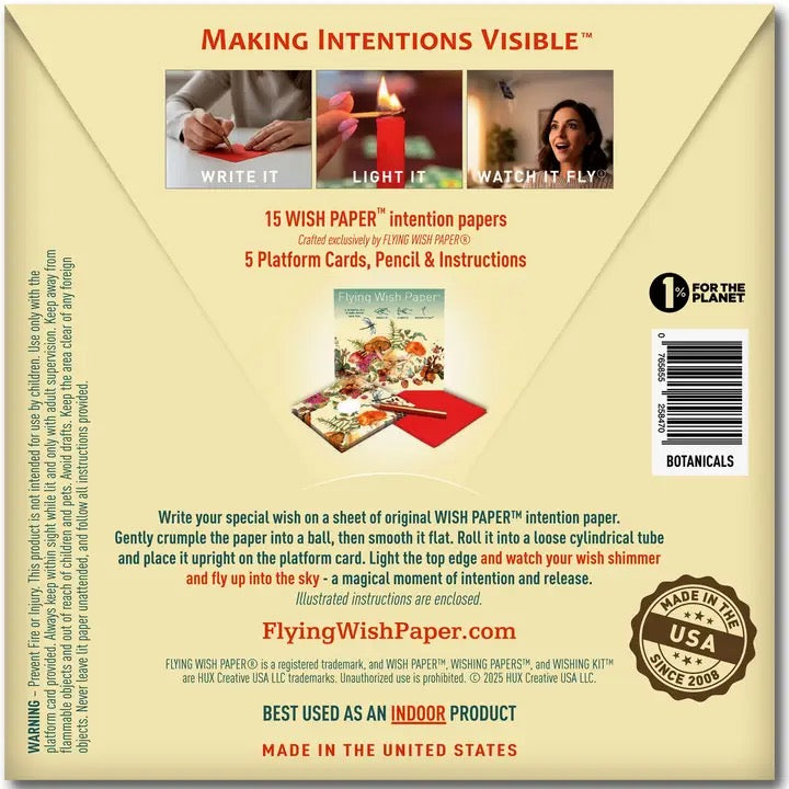 Back of a product packaging for Wish Paper with text and images on a beige background