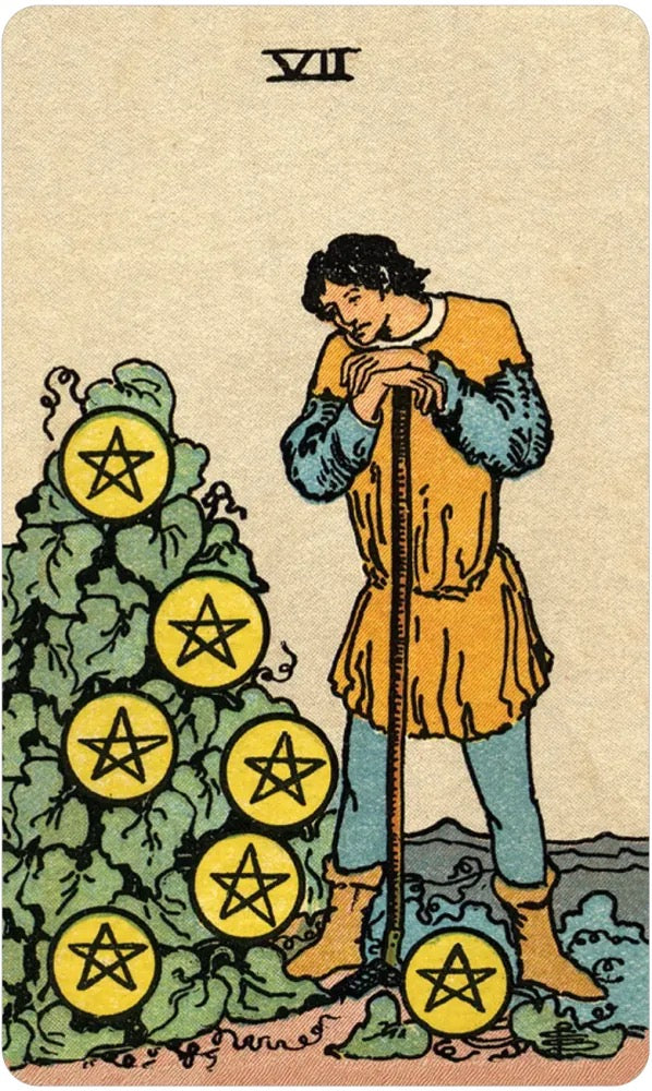 A vintage-style tarot card illustration labeled VII, showing a robed figure holding a staff beside a leafy bush with seven yellow circles containing pentagrams on a tan background.