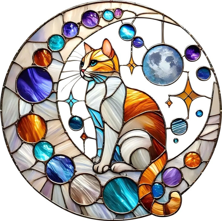 Stained acrylic artwork of a cat with colorful circular elements