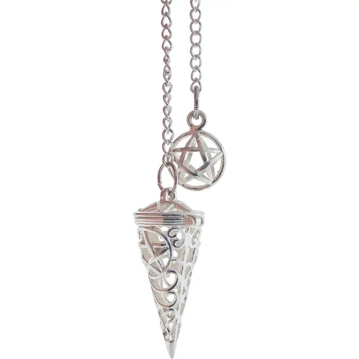 A silver-toned metal pendulum featuring a detailed cone-shaped pendulum with filigree star cutouts and a smaller circular pentagram charm on a delicate link chain, shown against a plain white background.