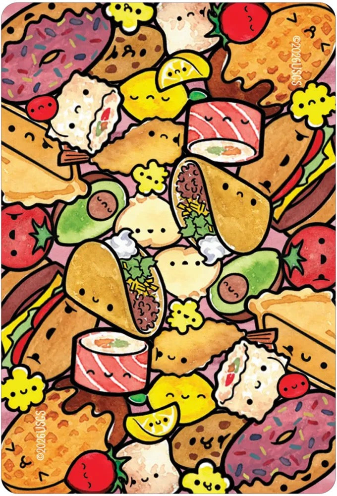 A square graphic print featuring a dense, cute illustration of various food items like sushi, tacos, pizza, and donuts with smiling faces, designed in a kawaii art style.