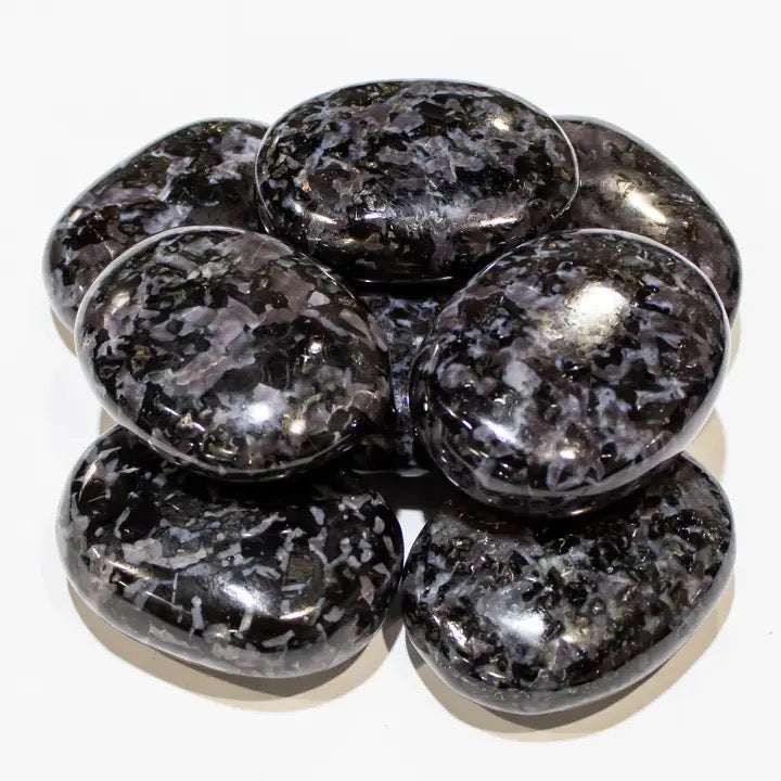 Indigo Gabbro Palm Stone on a wite background