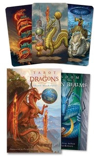 Set of tarot cards featuring dragons in various poses on a white background
