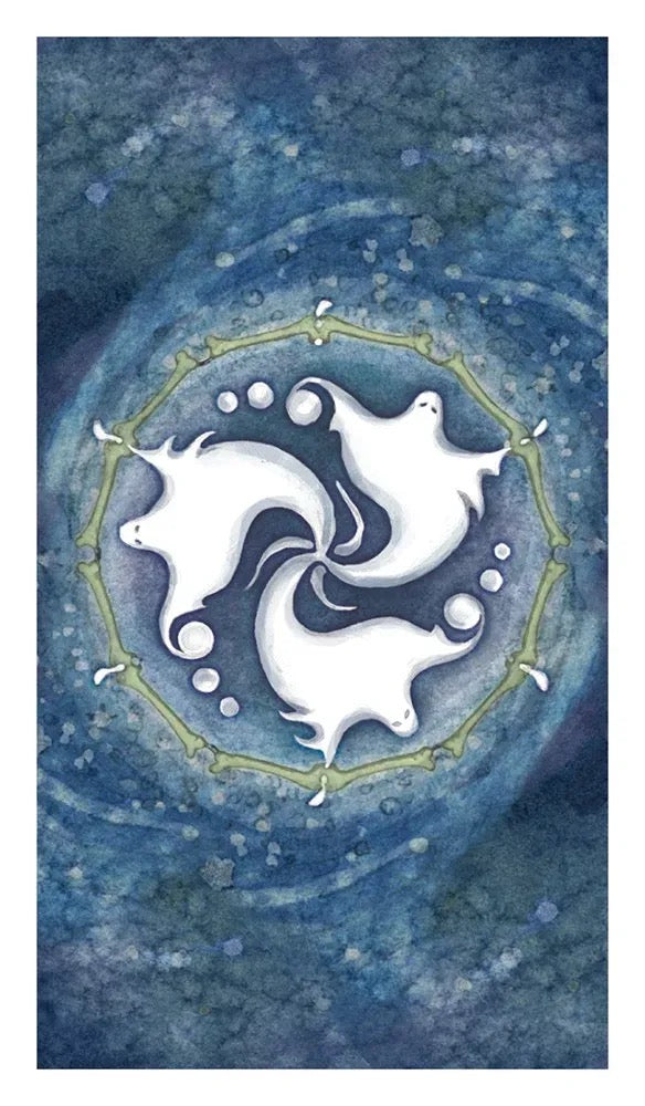 Artistic depiction of dolphins in a circular frame on a blue watercolor background