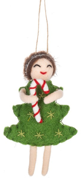 Felted Christmas tree ornament with a face, holding a candy cane, on a white background.