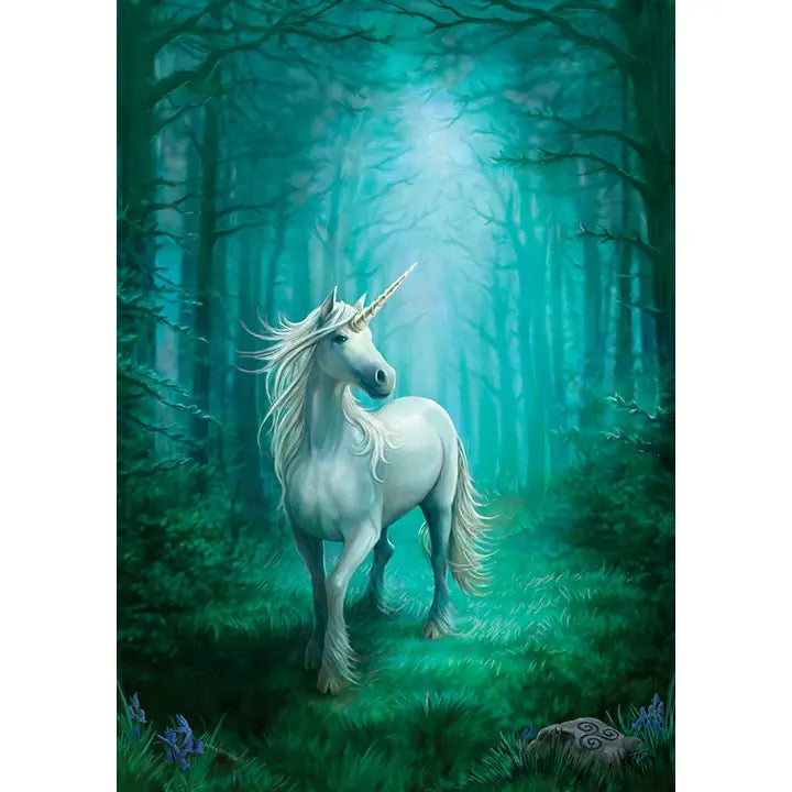 A fantasy forest scene with a white unicorn standing in a glowing teal woodland, surrounded by tall trees and green undergrowth.