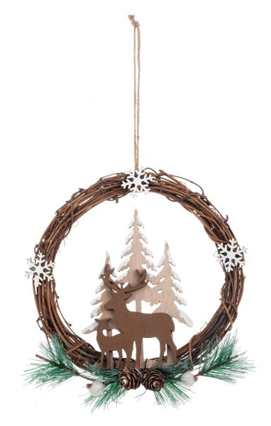 Decorative wreath with reindeer and trees on a white background