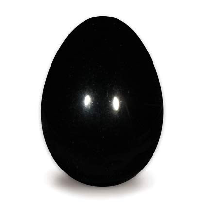 A smooth, polished black stone egg with a glossy finish, photographed against a solid white background.
