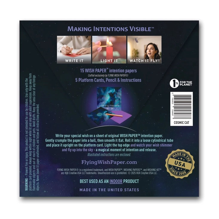 Back of a product packaging for 'Flying Wish Paper' with text and images on a dark background.