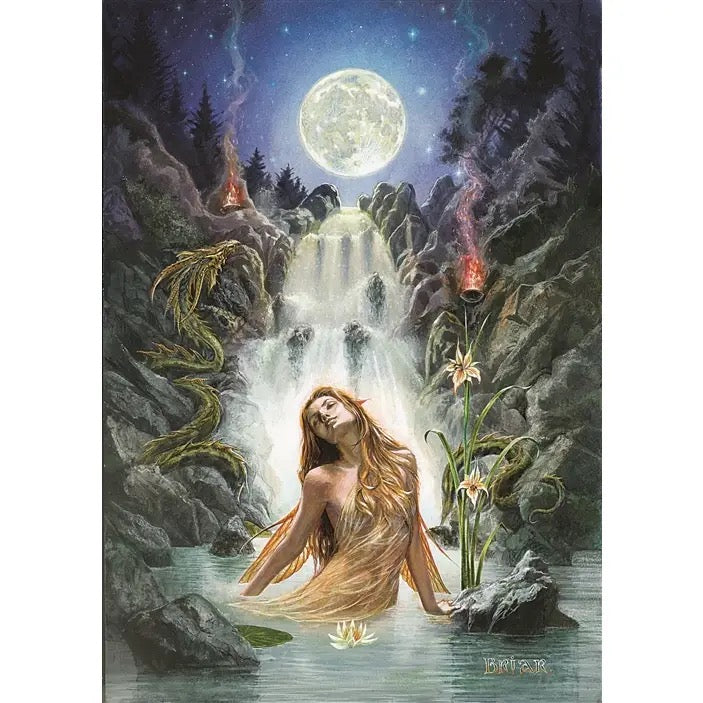 Fantasy art Card depicting a woman with long flowing hair sitting in a pool of water beneath a waterfall, with a large full moon, dark rocky cliffs, and glowing red flowers in the background.