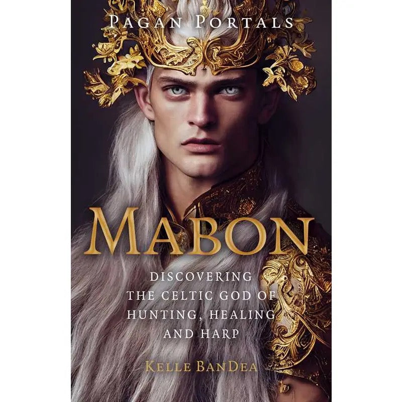 Book cover of 'Mabon' featuring a person in regal attire with gold text.