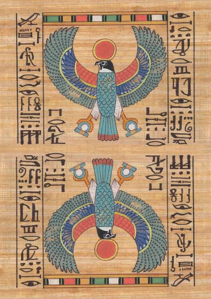 Two identical Egyptian papyrus designs with falcon god Horus and hieroglyphics on a wooden background.