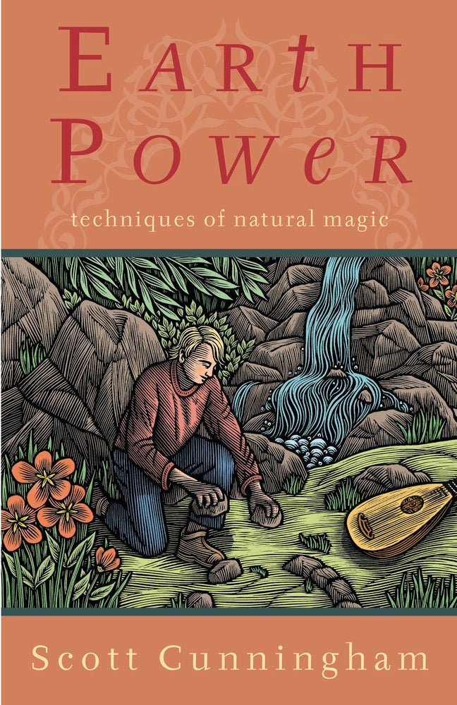 Book cover of 'Earth Power: Techniques of Natural Magic' by Scott Cunningham with a illustration of a person by a stream.