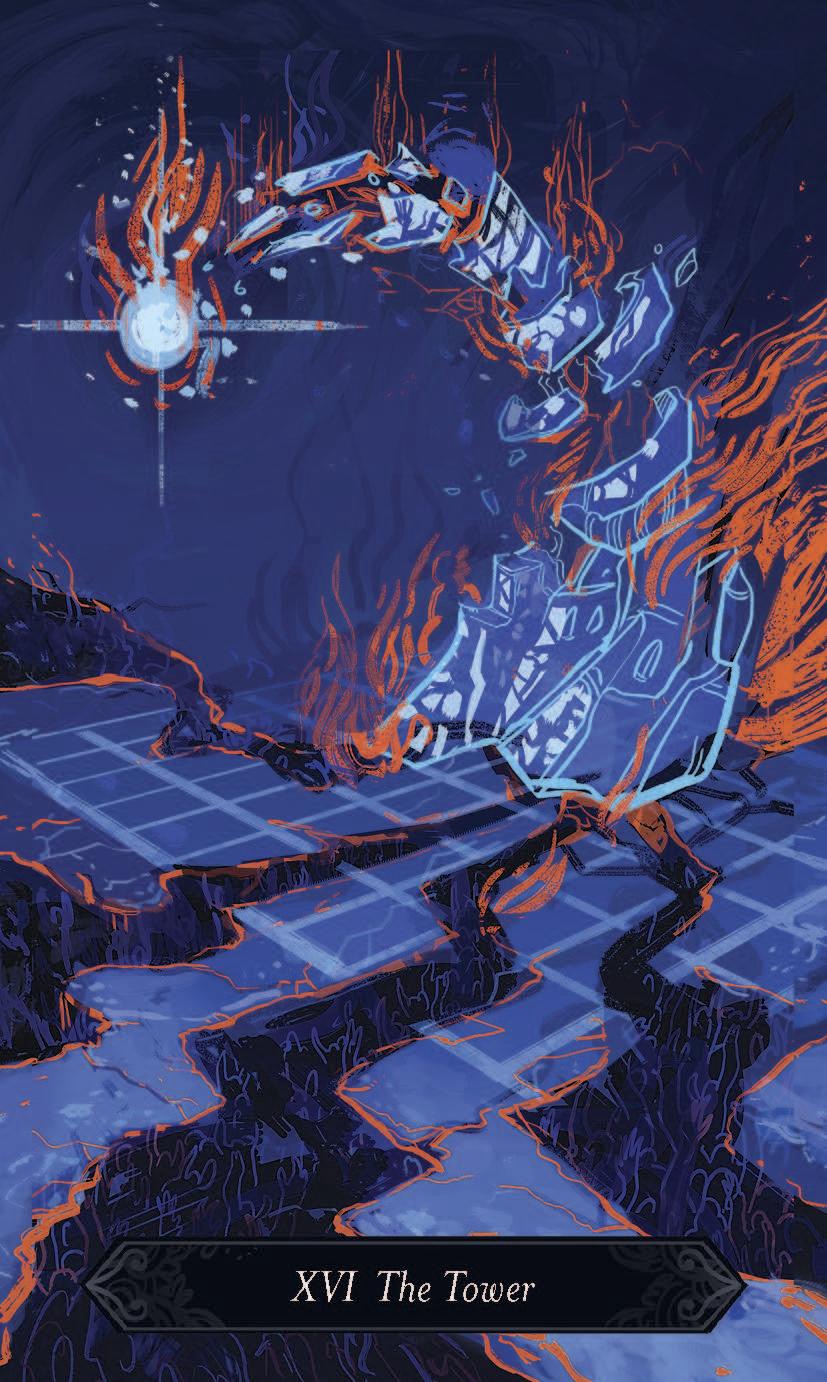 Card from a tarot deck titled 'The Tower' with a robot and fiery elements.