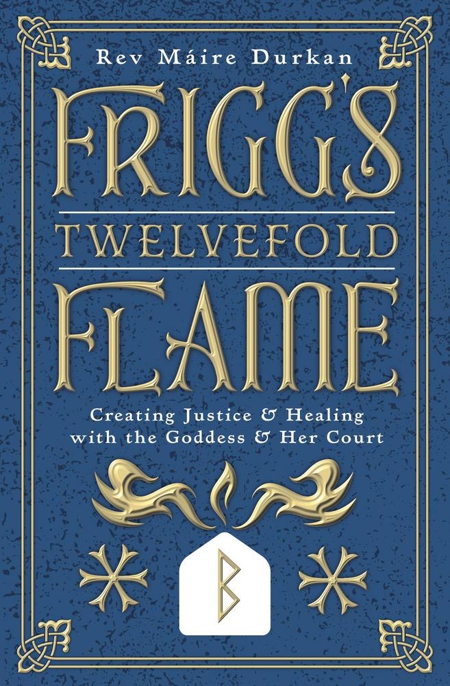 Book cover of 'Frigg's Twelvefold Flame' with decorative elements on a blue background