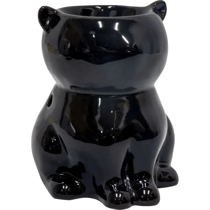 Black ceramic cat-shaped oil burner on a white background