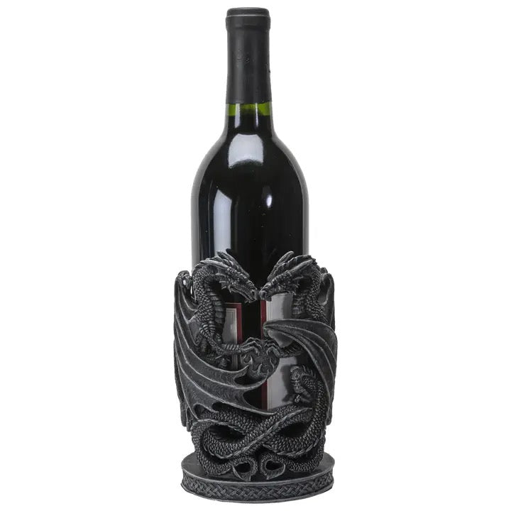 Wine bottle with a decorative dragon design on a white background