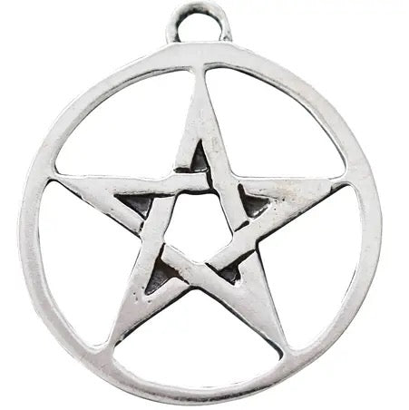 A silver-toned metal pentacle pendant charm with a circular border and a top loop, shown on a plain white background.