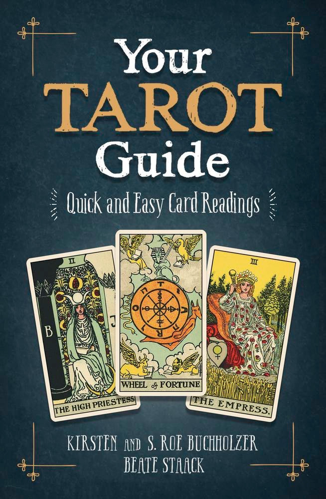Book cover of 'Your Tarot Guide' with tarot cards on a dark background