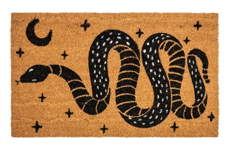 Doormat with black snake design on a beige background