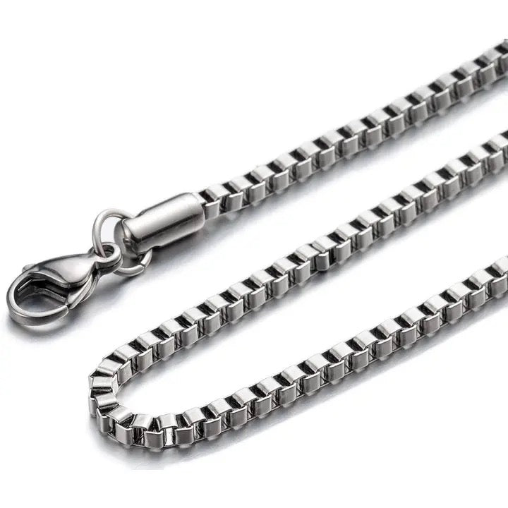 A silver stainless steel box chain necklace with a lobster clasp, shown on a clean white background.