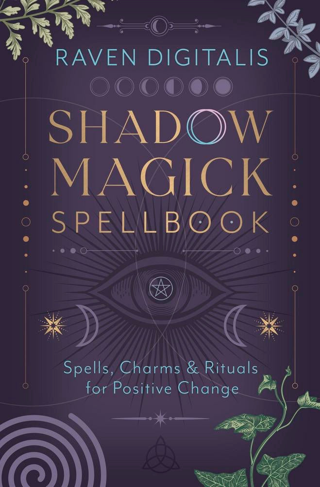 Cover of 'Shadow Magick Spellbook' by Raven Digitalis with mystical symbols and text on a dark background.