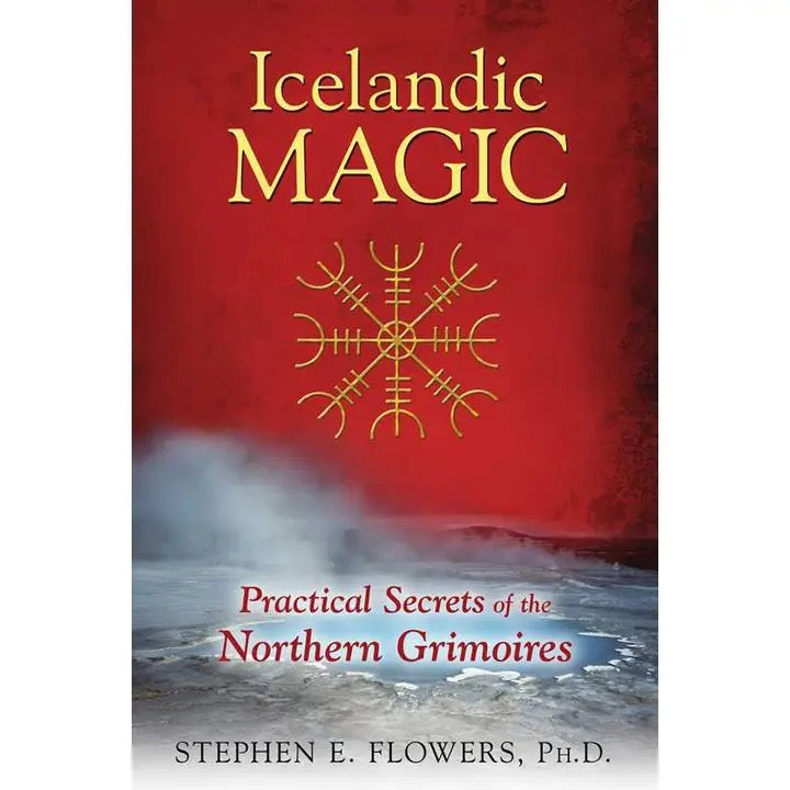 Book cover of 'Icelandic Magic' with a red background and Viking symbol.