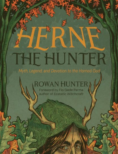 Herne The Hunter book cover green with trees either side and Herne with antlers peeking over the edge