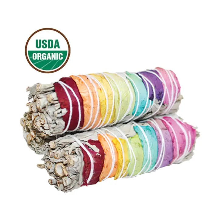 3 Smudge White Sage Rose Petal Rainbow on a white background