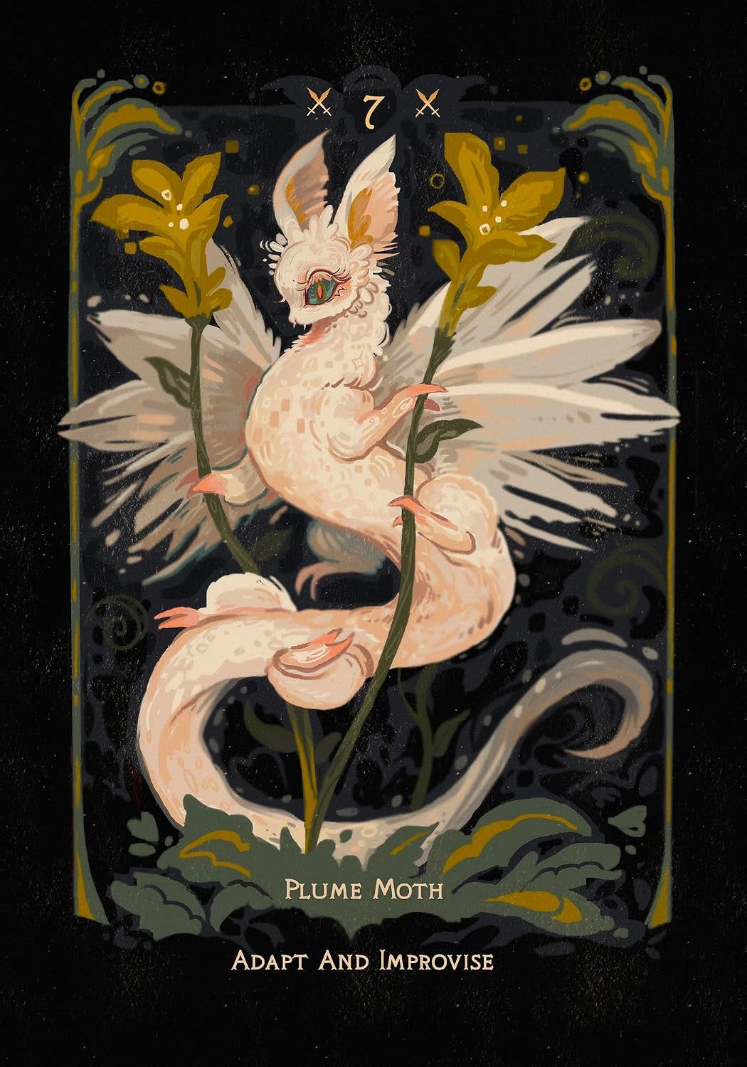 A tarot-style art print featuring a pale pink plume moth wrapped around yellow flowers on a dark background. The card is labeled 'Plume Moth' and 'Adapt and Improvise' with a number 7 at the top.