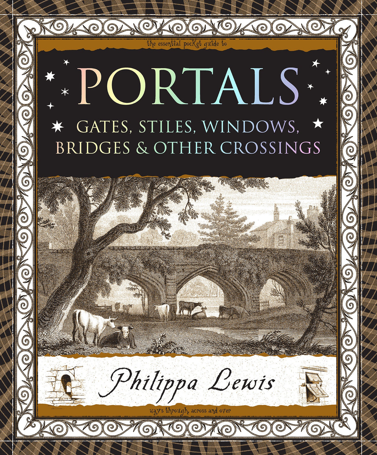 Book cover of 'Portals' by Philippa Lewis with a decorative border and illustration of a bridge.