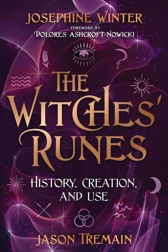 Book cover of 'The Witches' Runes' with magickal symbols and gold text on a dark background.
