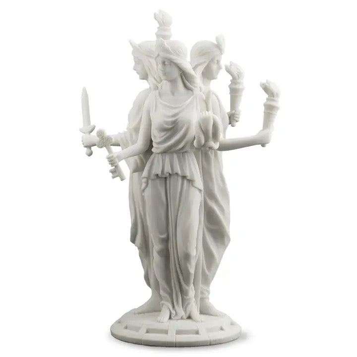 White statue of a draped figure with multiple arms on a white background
