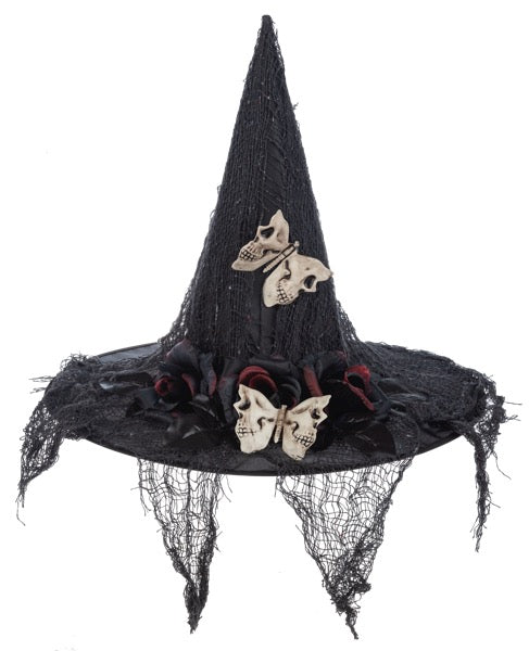 Black witch hat with decorative elements on a white background
