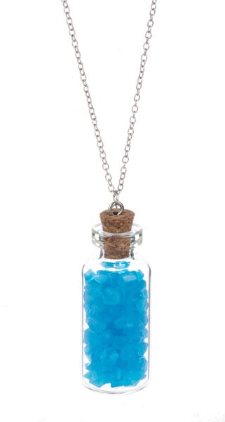 Necklace with a small glass bottle pendant filled with blue beads on a white background