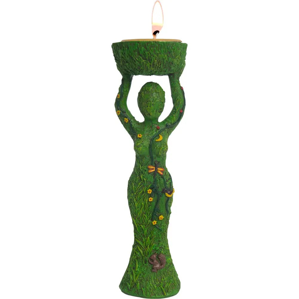Decorative candle holder shaped like a person holding a basket on a white background
