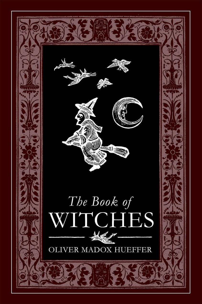 Book cover of 'The Book of Witches' with decorative border and illustrations of a witch and moon.