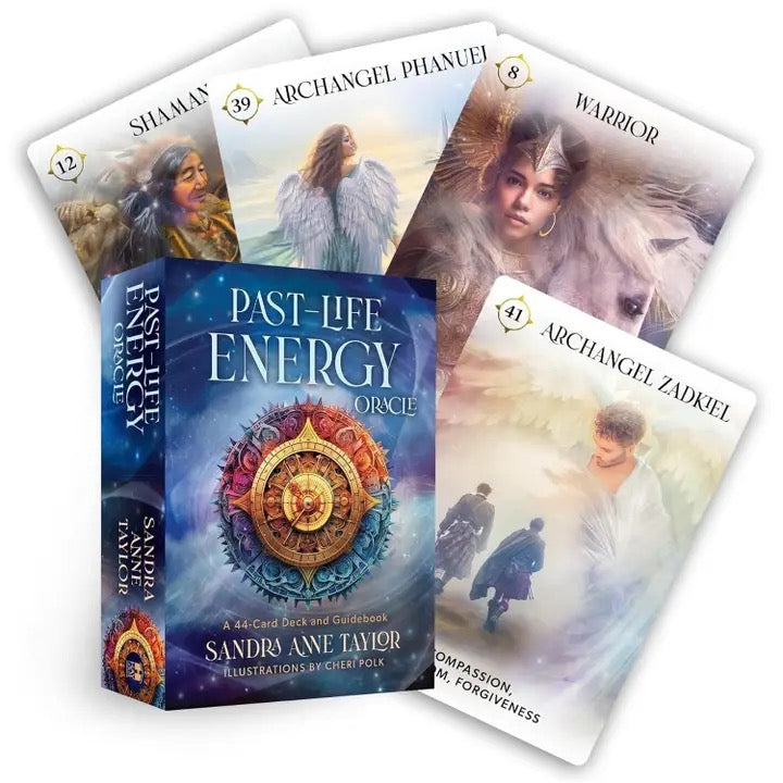 Past-Life Energy Oracle cards by Sandra Anne Taylor with card illustrations on a white background