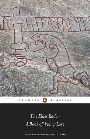 Cover of 'The Elder Edda' with Viking runestone design on stone background