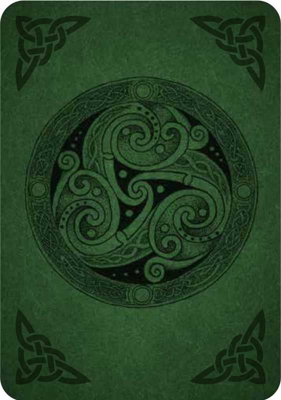 Green card with Celtic knot design and central emblem