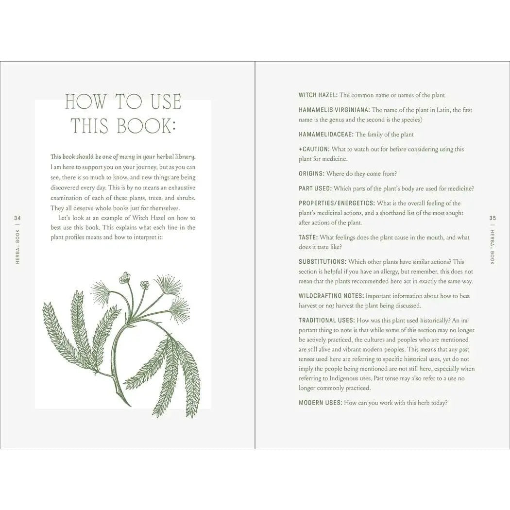 Book open to a page with text and a green plant illustration on a white background