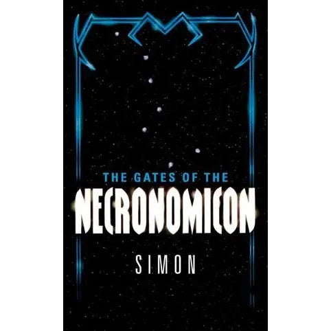 Book cover for 'The Gates of the Necronomicon' by Simon, featuring a black starry space background with a glowing blue geometric border and large white title text.