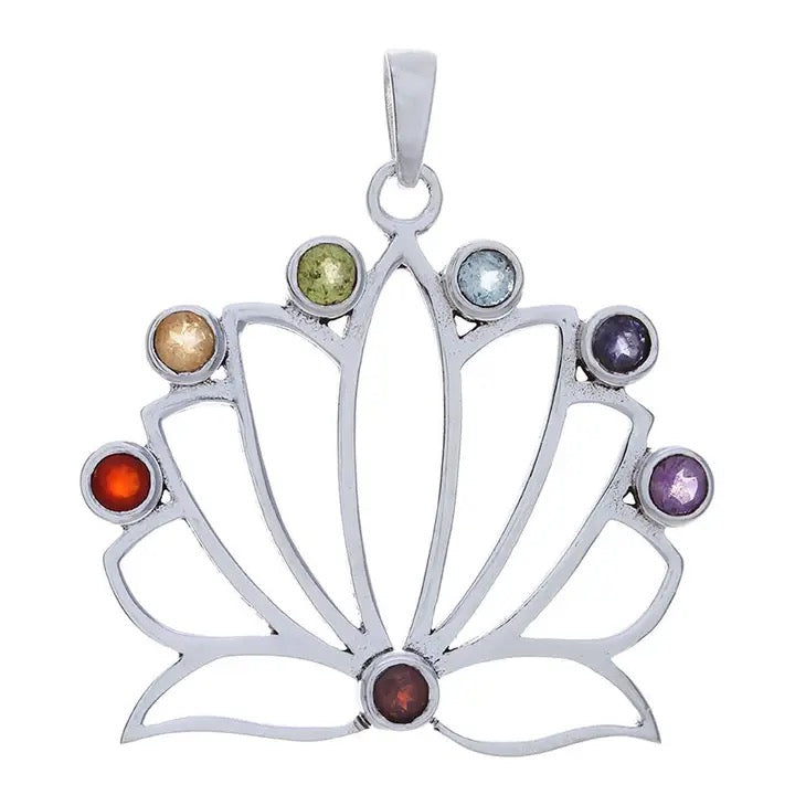 Silver pendant with colorful gemstones on a white background