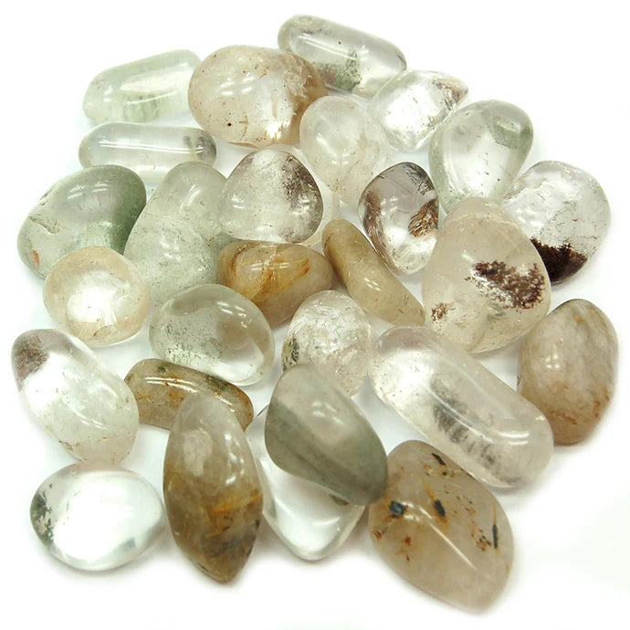 Clear Quartz tumbled with red, green, blue, brown, and gold, inclusions.