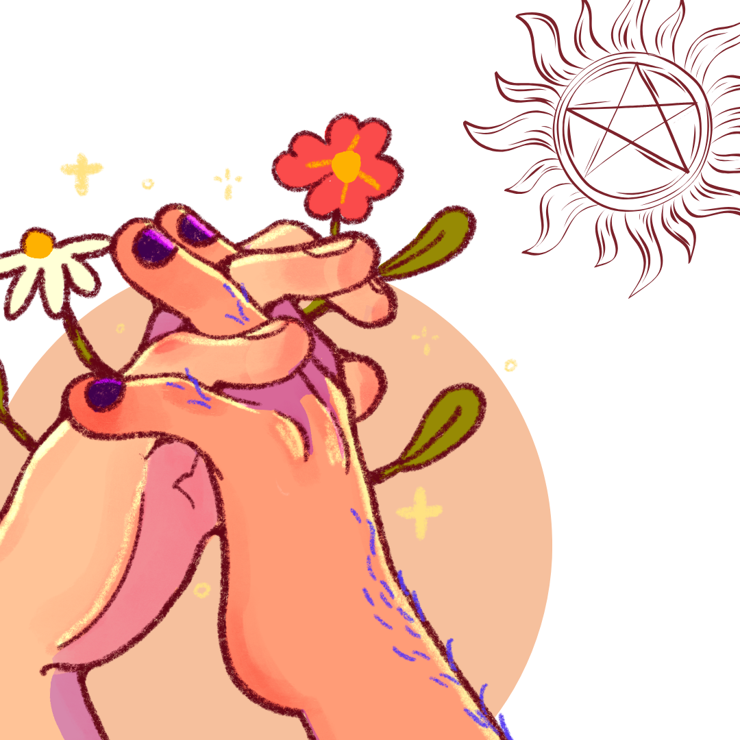 Two hands with flowers and a pentacle sun
