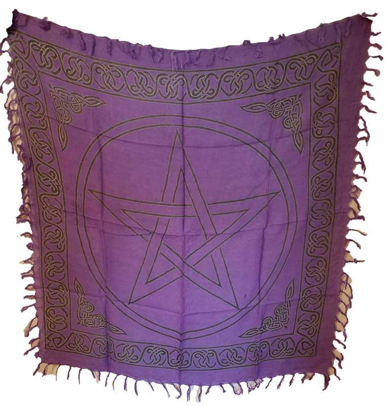 displays a pentacle, bordered in a ring of Celtic knots, displayed in black against a purple background