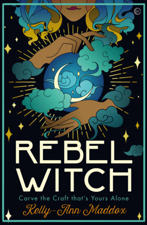 book cover: a stylized witch holding a crystal ball and crescent moon